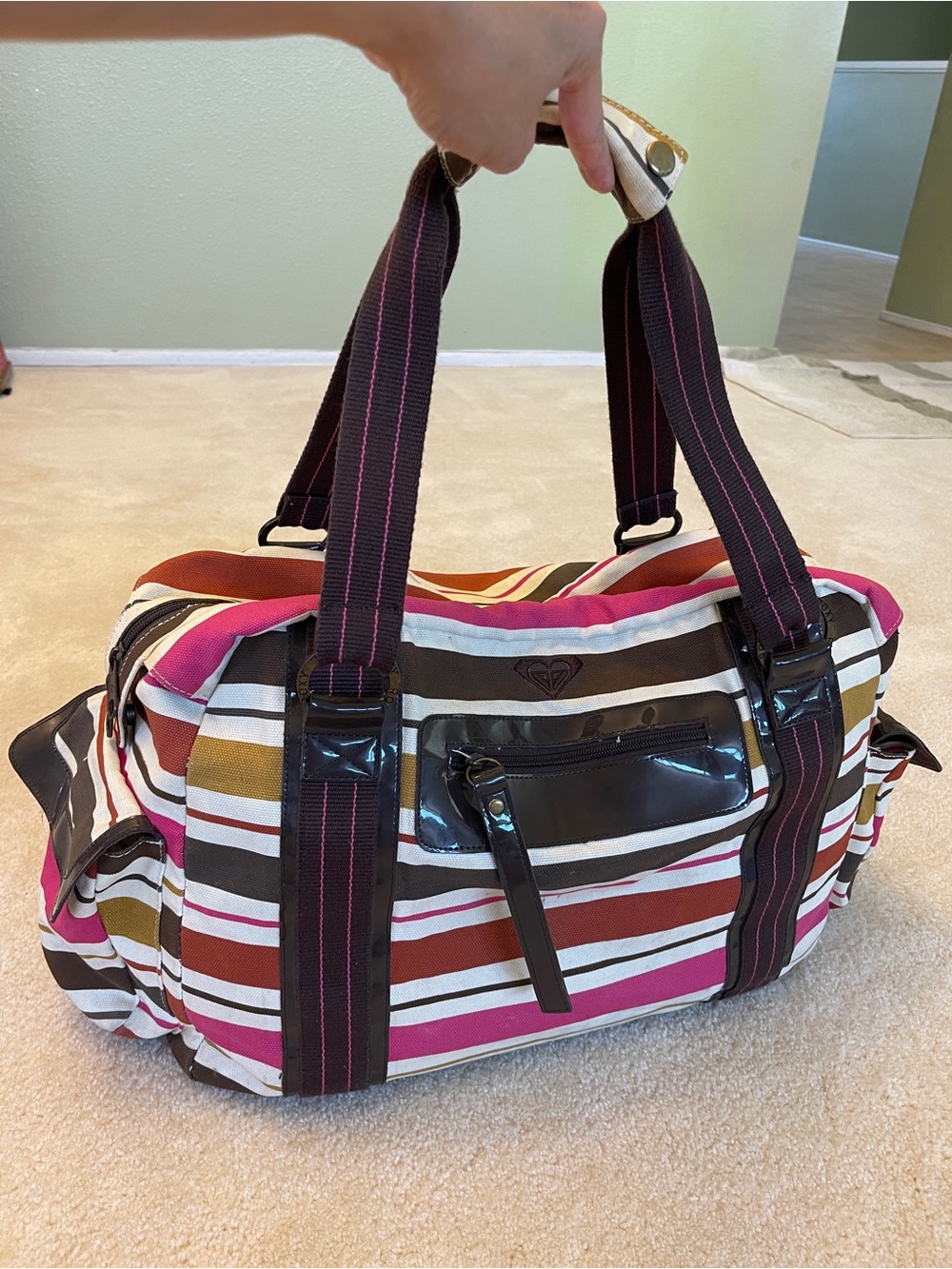 Vintage Roxy Striped Travel Tote in Pink, Brown & Cream